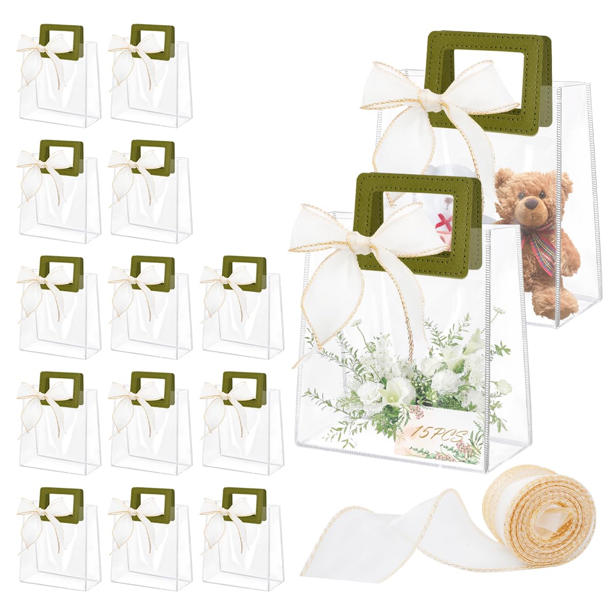 Photo 1 of 15 Pcs Clear Gift Bags with Handles, Transparent PVC Gift Bag with Ribbon, Reusable Plastic Shopping Bags, Heavy Duty Gift Wrap Bags for Bridal Party Baby Shower Wedding Birthday (Dark Green-7x8x4In-Medium)