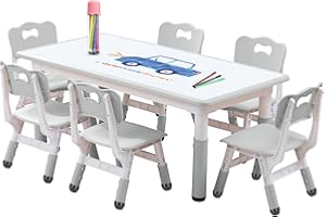 HAPPYMATY Kids Table and Chair Set, Snow Grey, Upgraded Plastic, 47.2x28.0 inches, Adjustable Height, Whiteboard Style, Includes 12 Color Pens