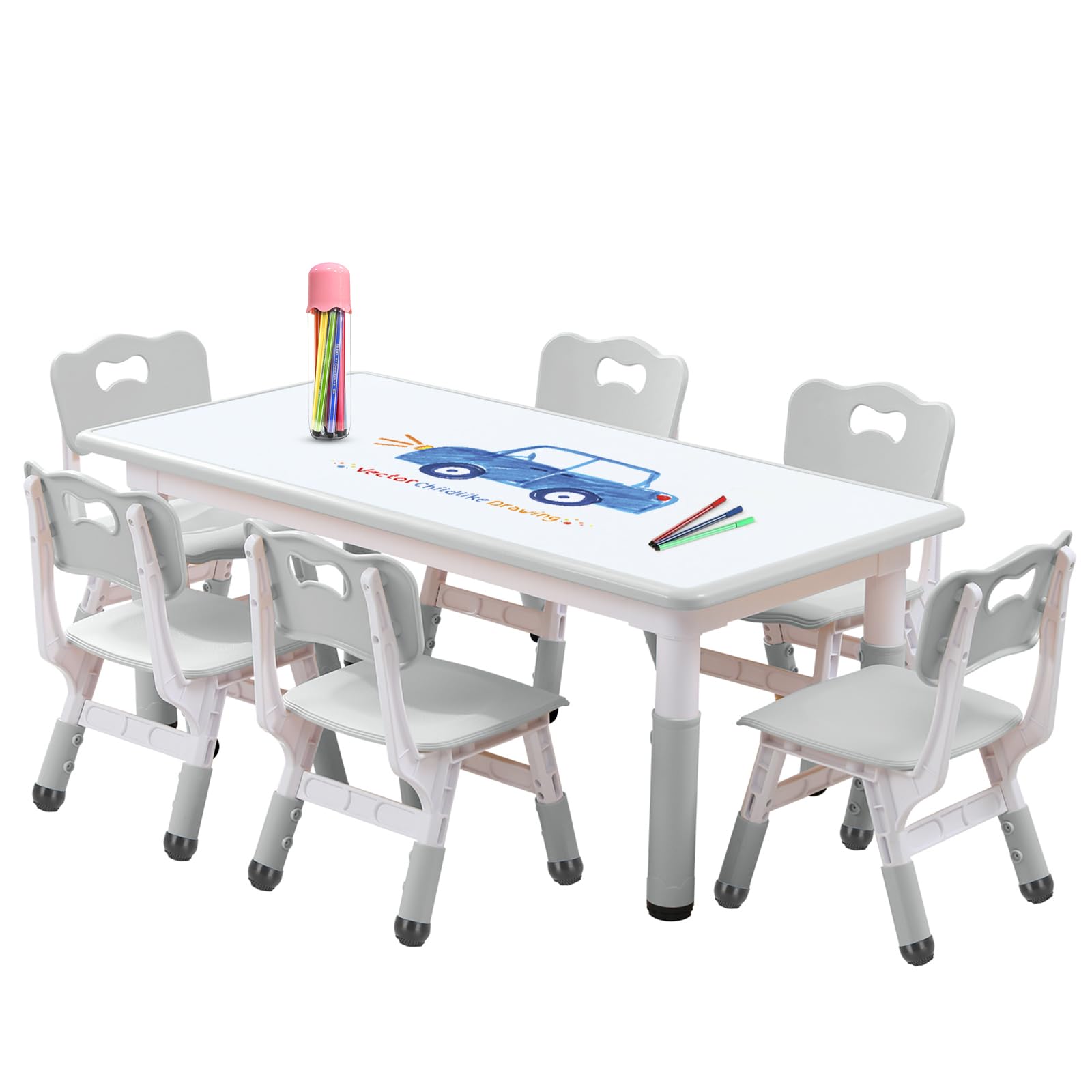 Photo 1 of HAPPYMATY Kids Table and Chair Set, Snow Grey, Upgraded Plastic, 47.2x28.0 inches, Adjustable Height, Whiteboard Style, Includes 12 Color Pens