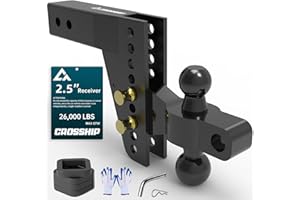 CROSSHIP Adjustable Drawbar Trailer Hitch - Fits 2.5'' Receiver, 6'' Drop/Rise Ball Mount, Solid Dual Ball (2" x 2-5/16") Tow Hitch 26,000 LBS GTW, Heavy Duty Truck with Pin for Class III & IV