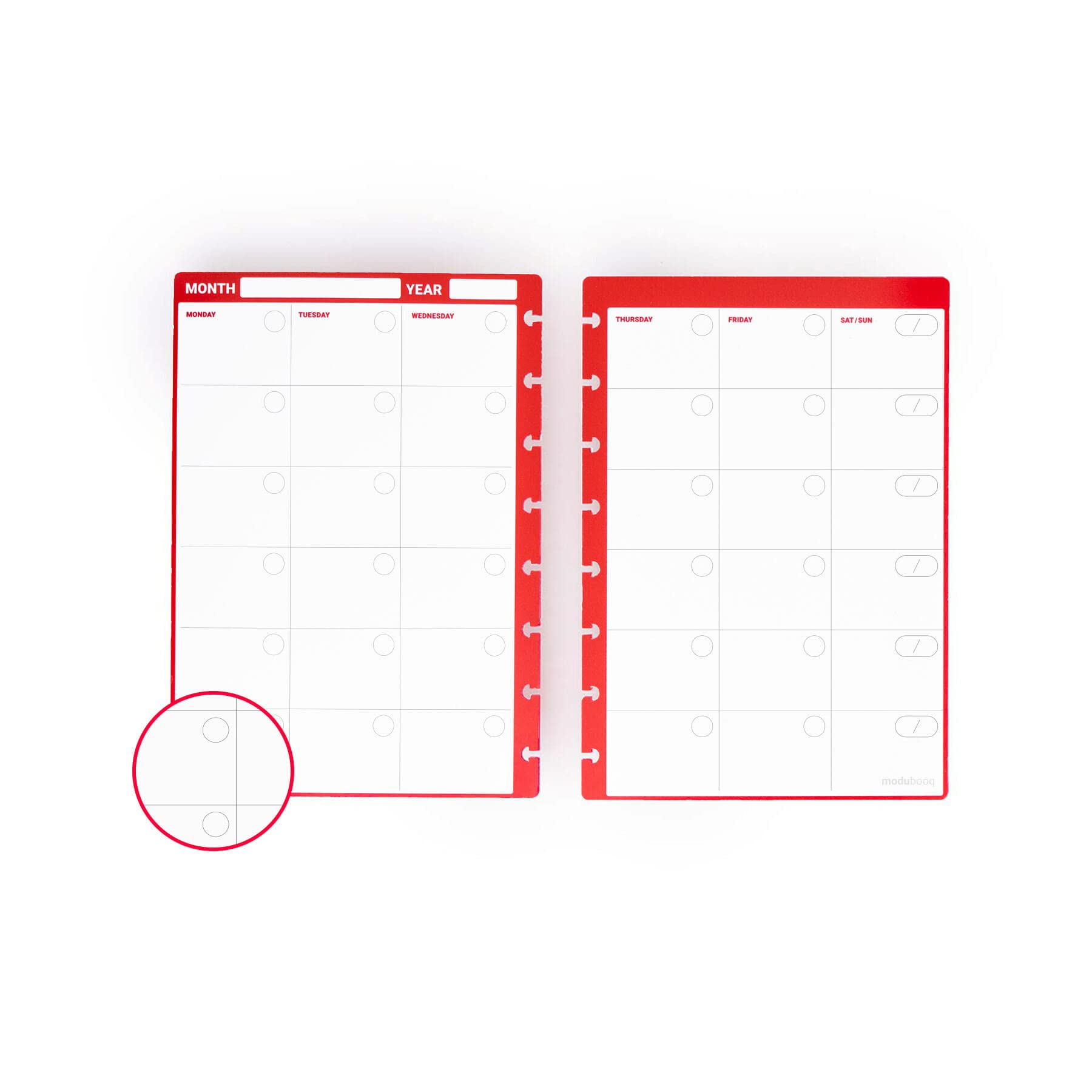 MODUBOOQ - 32 red monthly reusable discbound duratech3 pages - inserts with month planners for smart notebook - A5
