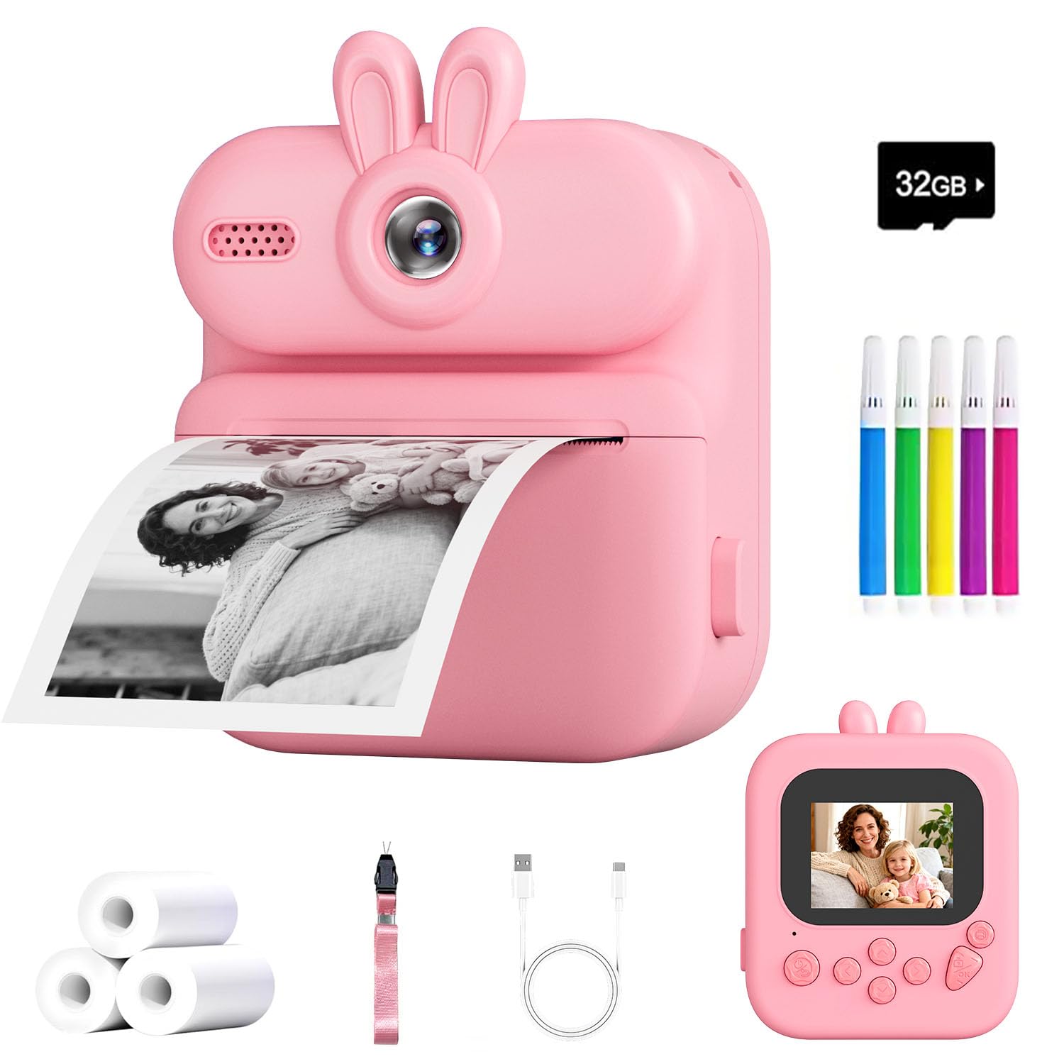 Kids Camera Instant Print: Gleeglee 1080P Kids Instant Print Camera - 32G SD Card - Lanyard - Christmas Birthday Gifts for Girls Boys - Portable Toy for 3 4 5 6 7 8 9 10 Years Old, Pink Rabbit