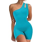 VUTRU Womens Sexy One Piece One Shoulder Two Halters Sleeveless Bodycon Shorts Jumpsuits Bodysuit Ribbed Sports Romper