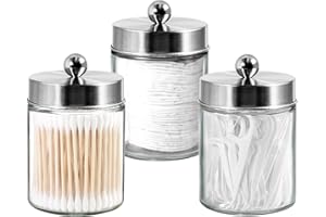 Komashr 3PC Apothecary Jar Canisters Bathroom Vanity Organizer - Qtip Holder Storage Countertop & Stainless Steel Lids &Cute Stickers for Qtips,Cotton Swabs,Makeup Sponges,Floss (Brushed Nickel)