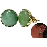Natural Jade Stud Earrings Crown Setting 12mm, Gold-Plated Stainless Steel Hypoallergenic, Genuine Round Green Gemstone, Jade Jewelry Gifts for Women Girls