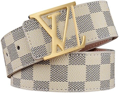 HoiSam Luxury Designer Checker style Belt for woman man unisex (115CM [Waist 33"~35"|], GoldV.White)