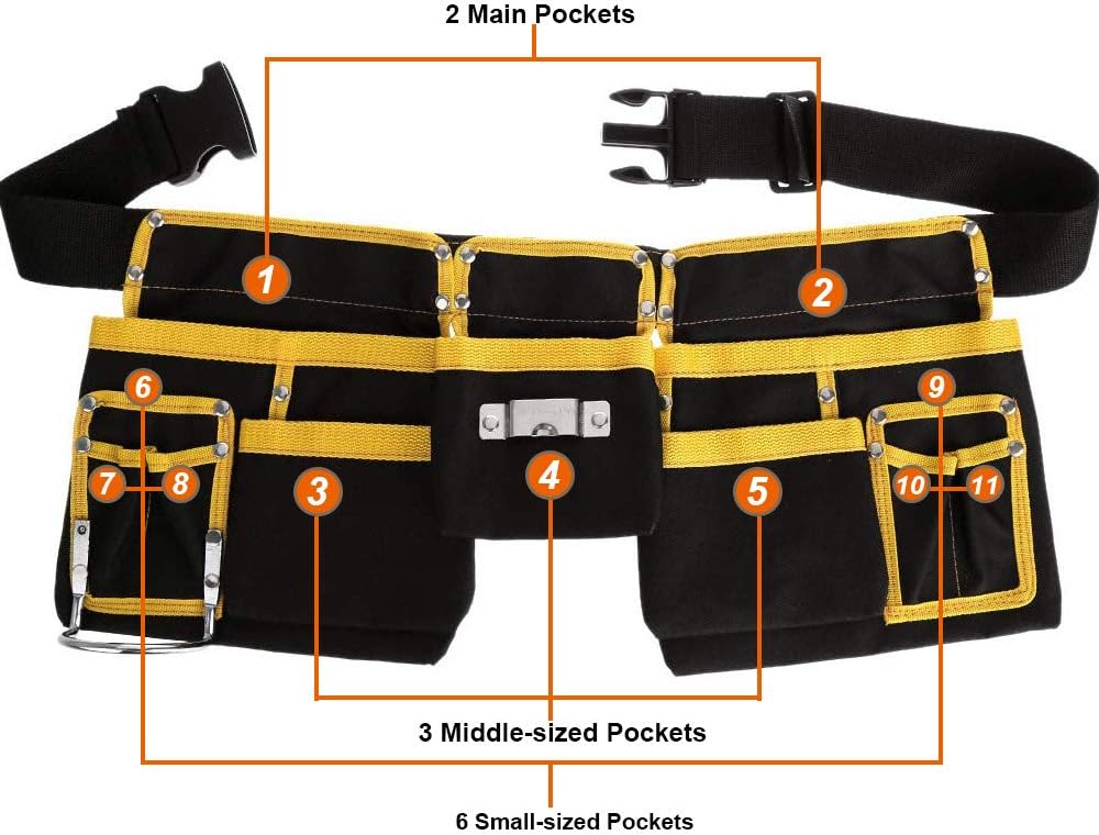 11 Pocket Tools Belt Bags with Hammer Holder, Adjustable Waist Bag Multipurpose Utility Tool Pouch with Pockets for Tools, Yellow - - 