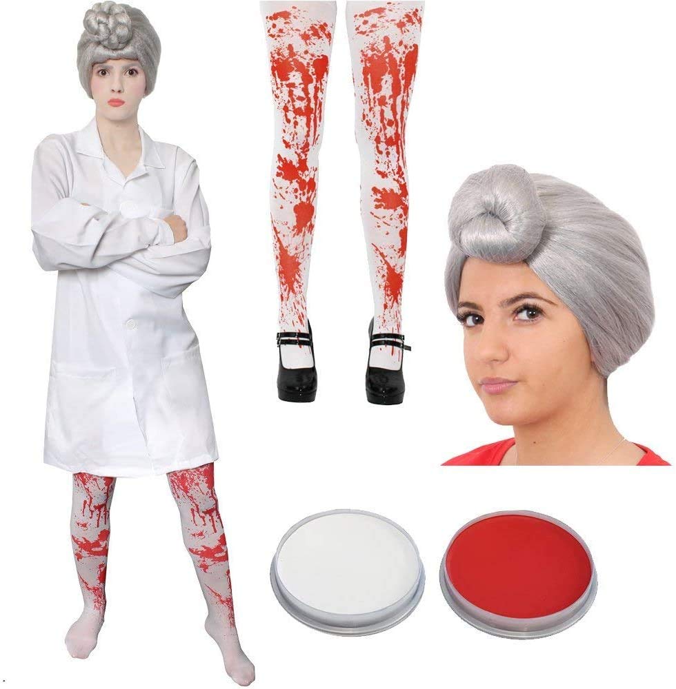 Ladies Evil Dentist Fancy Dress Costume - White Lab Coat, Bloodstained Tights, Grey Wig And Red/White Facepaint - Perfect Book Week Fancy Dress Costume (Standard Uk 8-14)