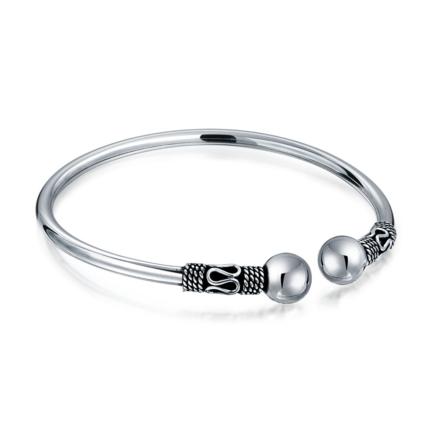 Bling Jewelry Boho Balinese Bali Style Scroll Ball Tips Bypass Stacking Black Bangle Cuff Bracelet For Women Teen Oxidized .925 Sterling Silver