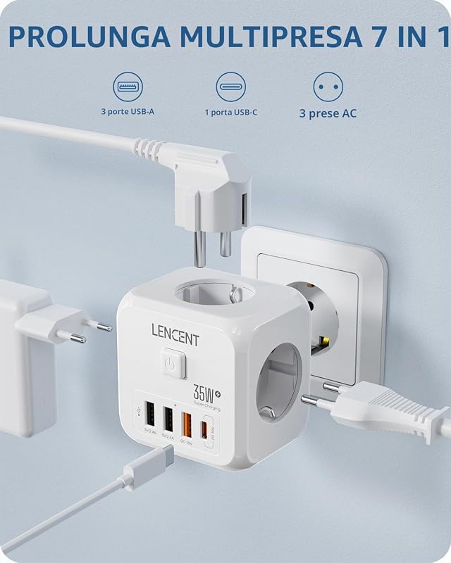 Presa Mutlpla USB a Cubo con Ricarica Rapida PD35W Multipresa 4000W