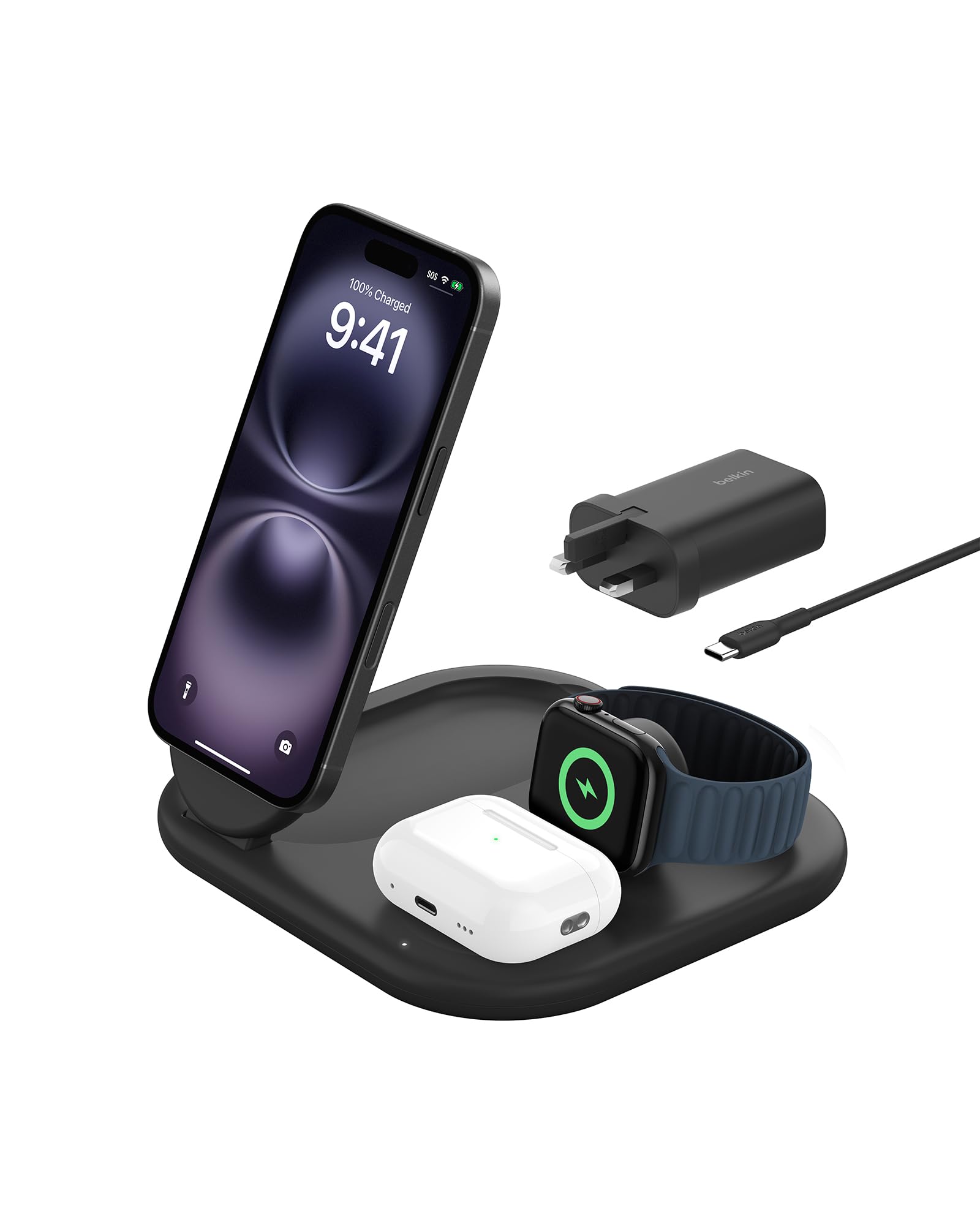 Belkin BoostCharge 3-in-1 Magnetic Foldable Charger with Qi2 15W, MagSafe Compatible Fast Charger for iPhone 17, Air, 16, Pixelsnap, Apple Watch, AirPods with Non-Slip Base, PSU Included - Black