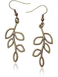 Bronze/Brass Tone Olive Tree Branch Leaf Earrings, Handmade Fishhook Dangle Womens Earring Set