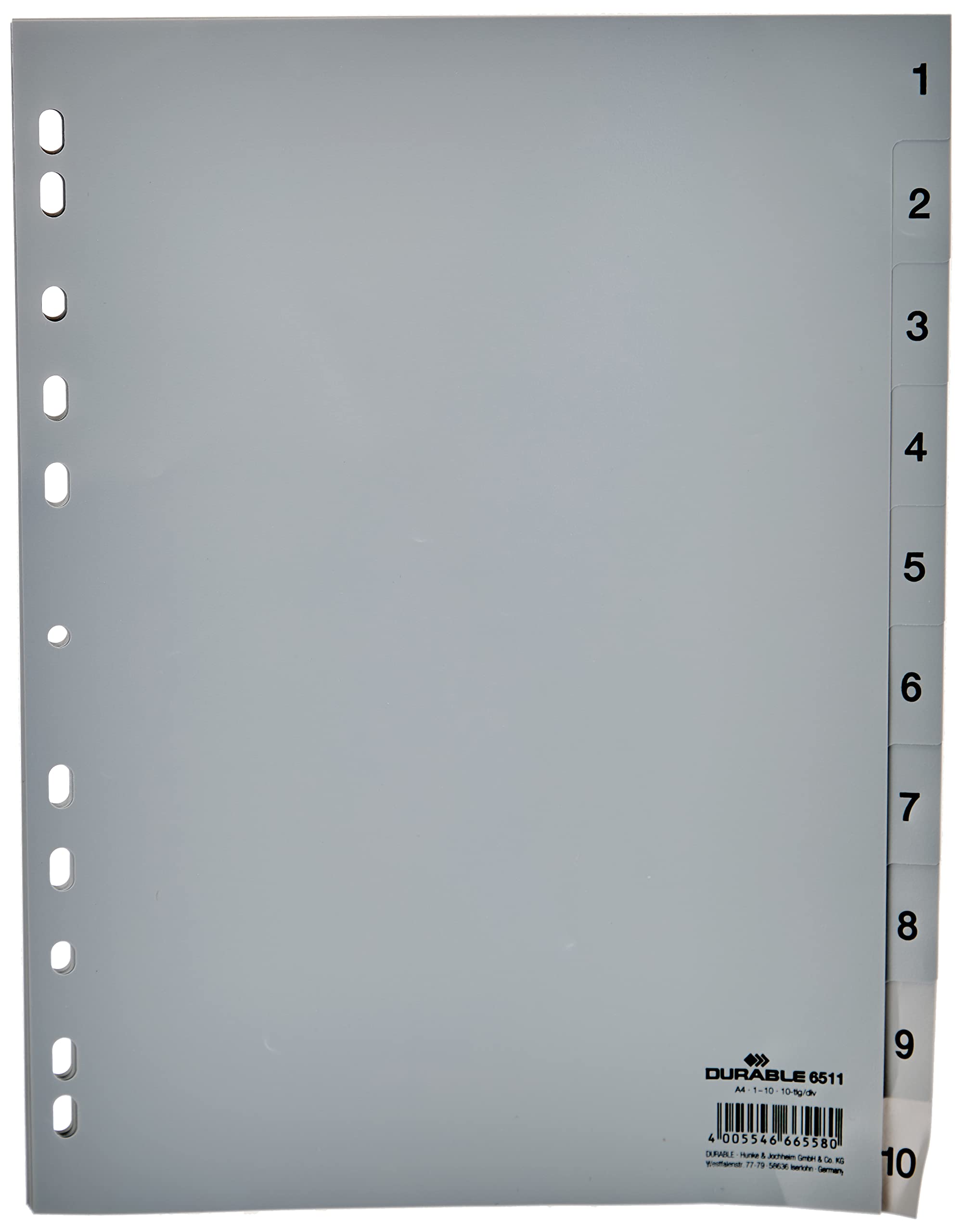 Durable 6511 10 Number Dividers Polypropylene 1-10 A4 10 Sheets Grey