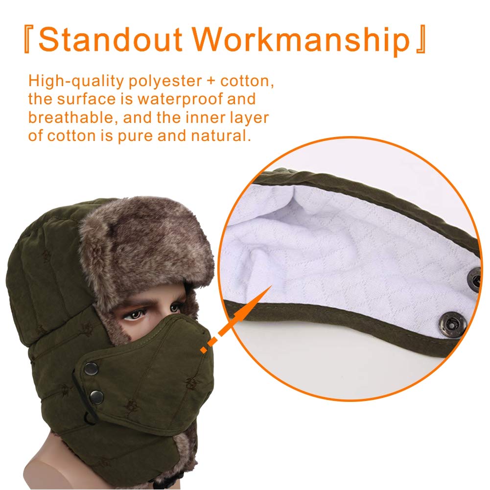 Winter Trapper Hat for Men Women Warm Ushanka Aviator Russian Windproof Hat with Mask,Army Green