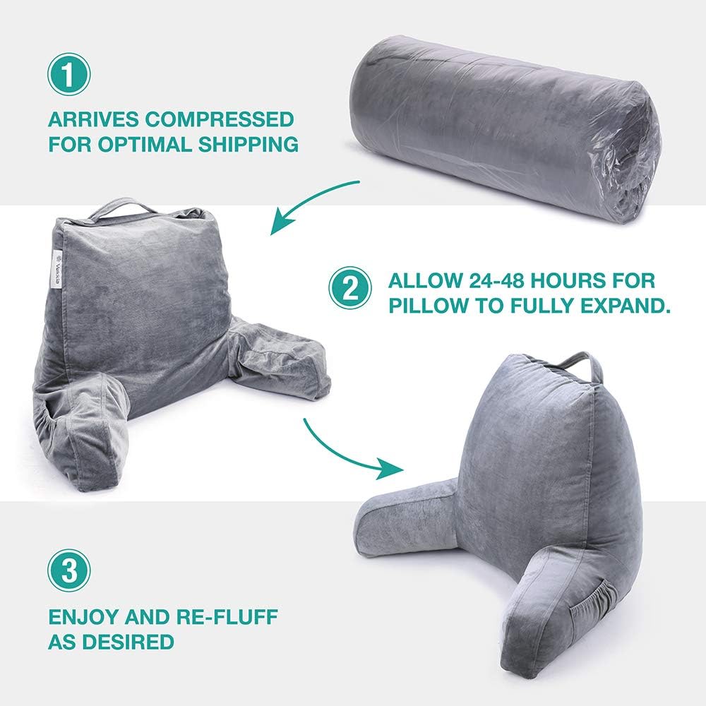 Vekkia Reading & Bed Rest Pillow with Support Arms, Pockets, Memory Foam. Perfect Back Support Cushion for Adults Reading/Watching TV/Sitting Up in Bed – Extra Foams Incl. Customize Softness-18: Home & Kitchen