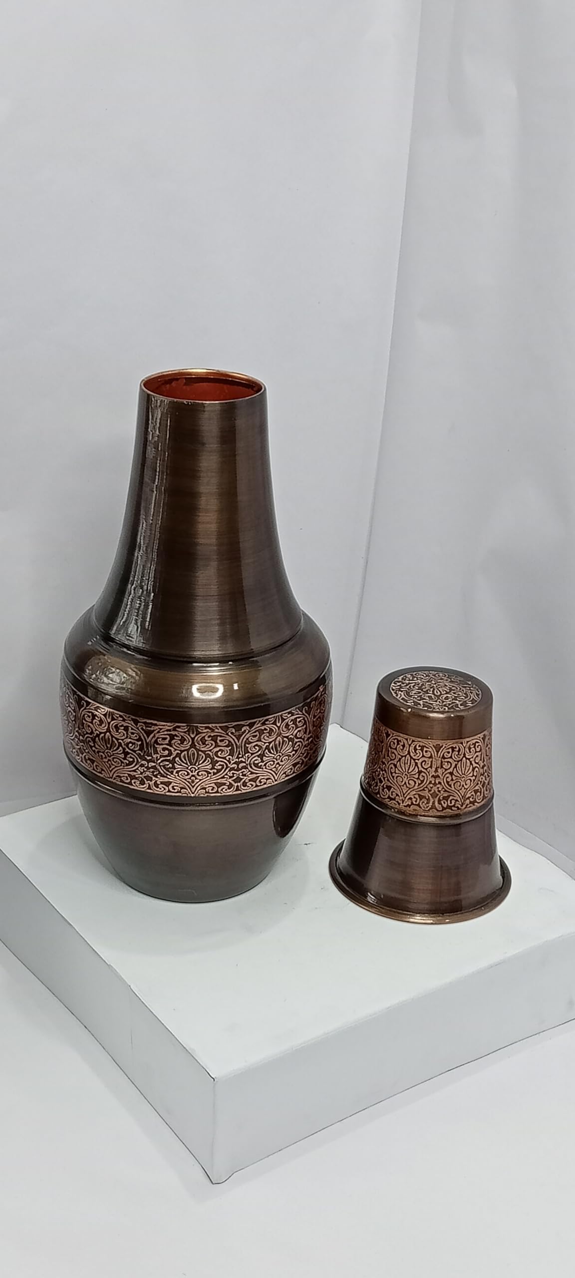 Hygge 1.4L (47.3 oz) Pure Copper Water Pitcher with Tumbler Lid – Antique Embossed Bedside Carafe for Home, Yoga, Travel – Eco-Friendly Copper Jug – Gift for Wellness, Hydration