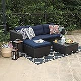 PHI VILLA 3 Piece New Outdoor Furniture Sectional Sofa Patio Set with Upgrade Rattan Wicker, Navy Blue