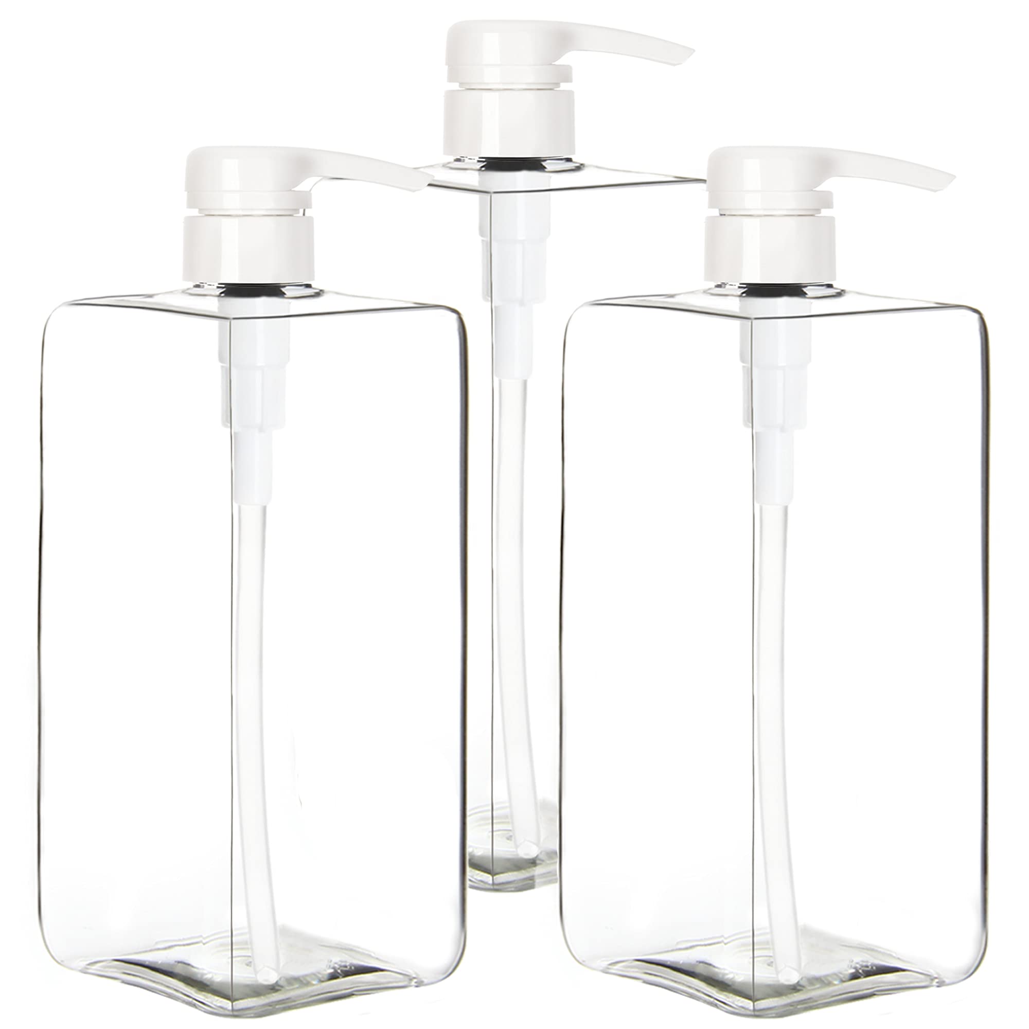 Youngever 3 Pack Pump Bottles for Shampoo 1000ML (1 Liter), Square Empty Shampoo Pump Bottles, Plastic Cylinder with Lockdown Leak Proof Pumps