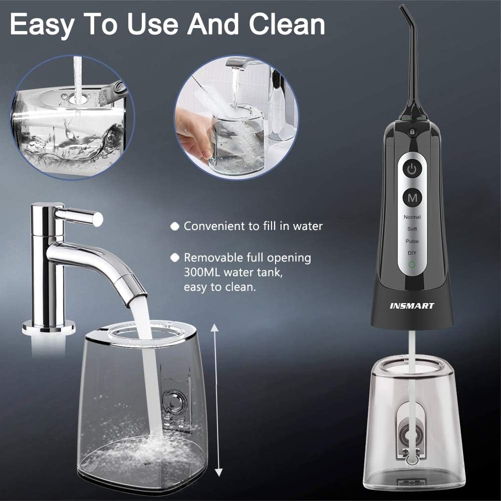 Cordless Water Flosser Teeth Cleaner, INSMART Professional 300ML Tank DIY Mode USB Rechargable Dental Oral Irrigator for Home and Travel, IPX7 Waterproof 3 Modes Water Flosser for Oral Care: Health & Personal Care