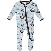 KicKee Print Footie with Zipper, Fitted Long Sleeve Pajamas, Ultra Soft Everyday One-Piece Loungewear, Baby and Kid Clothes for Boys and Girls (Illusion Blue Pirate Adventure - 18-24 Months)