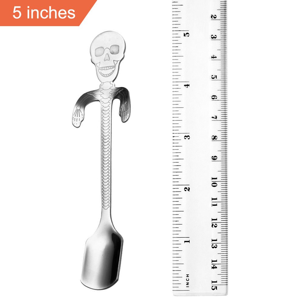 RYVORBE Skull Spoons Mini Coffee Spoon Set Stainless Steel Hanging Demitasse Spoons Novelty Small Spoons (5 Inches, Set of 4)