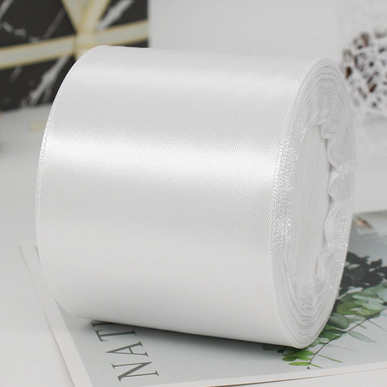 CC wonderland zone 4 Inch White Satin Ribbon Rolls(100mm Wide x 22.86m Long) for Gift Wrapping,Wedding Car Ribbon,Crafting,Florist