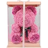 ASENVER Hand Made Rose Bear Artificial Flower Gift for Mather's Day Birthday Valentine's Day with a 15" Pink Gift Box (Pink-Hot Pink Foot)