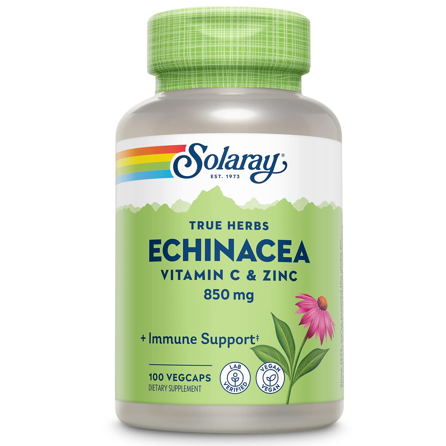 SOLARAY Echinacea Vitamin C & Zinc 850mg Plus Bioflavonoids, Echinacea Capsules for Healthy Immune Support, Vegan, Lab Verified, 60-Day Money-Back Guarantee, 50 Servings, 100 VegCaps