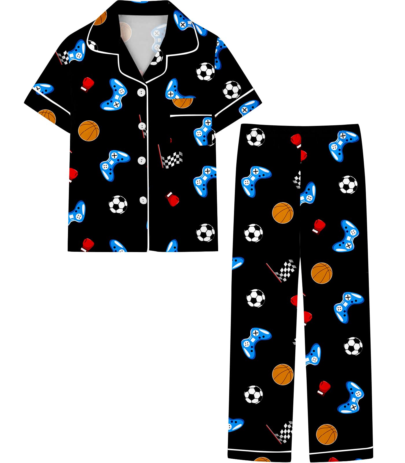 Photo 1 of Umeyda Boys Pajamas Sets Short Sleeve Long Pants 2-Piece Silk Satin Sleepwear Button Down Pjs Set, Black Game Console, 11-12 Years
