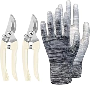 BUGUI Garden Pruning Shears (Set of 3) - Bypass Pruner(2 pcs)+Gardening Gloves, Ultra Lightweight Hand Pruners, Professional Gardening Scissors for Cutting Live Flowers, Plants, Light Branches
