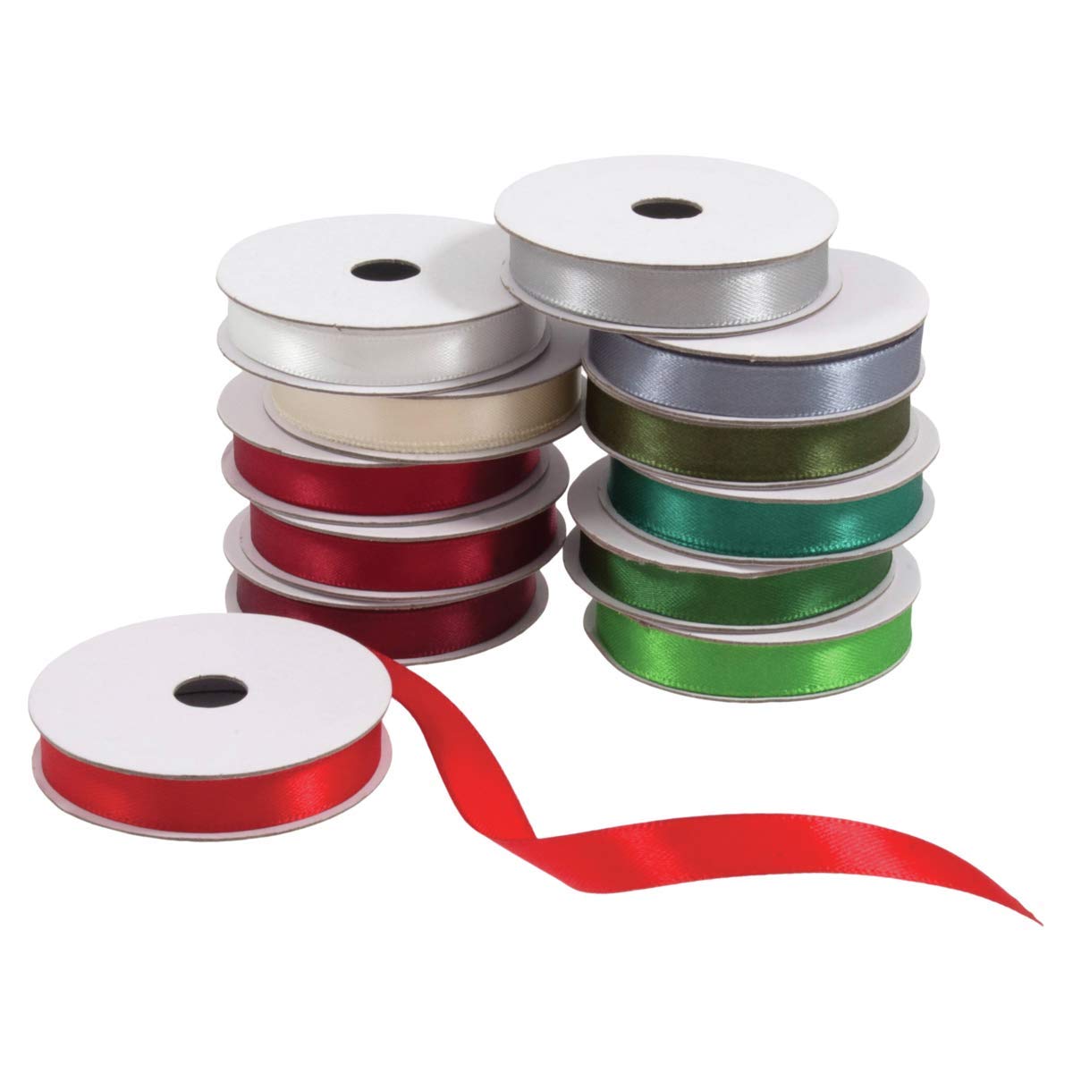 Trimits Christmas Satin Ribbon Bundle, 100% Polyester, Festive Colours, 2m x 10mm, TTRB002, 12 reels
