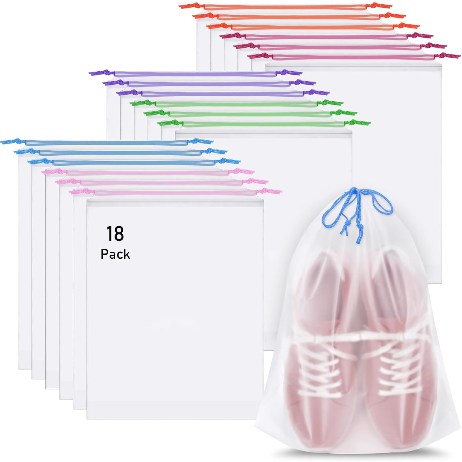 Photo 1 of 18 Pack Shoe Bags for Travel, 15.7" x 11.8" Clear Travel Shoe Bags for Packing with Colorful Drawstring, Large Waterproof Portable Travel Shoe Storage Bag Travel Essentials Women for and Men