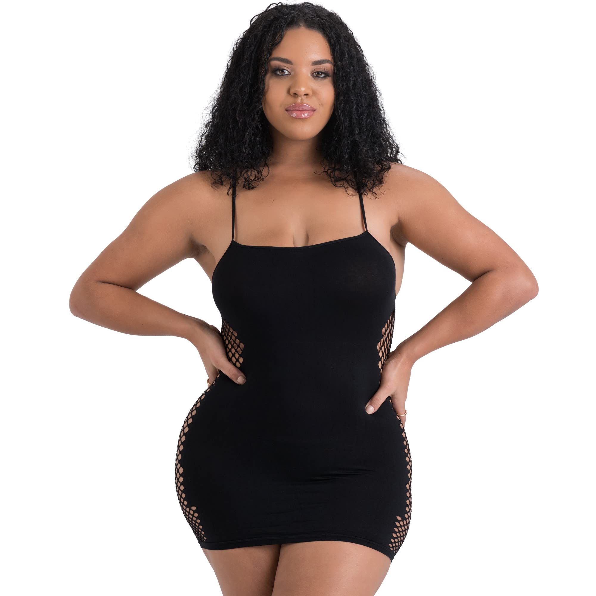 Lovehoney Lingerie Hourglass Mini Black Dress - Wide Fishnet Pattern on Back & Sides - Short Sexy Dress - Erotic Clothing - Sexy Lingerie for Women - One Size: 8-16