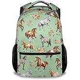 NICEFORNICE Backpacks for School, 17 Inch Aesthetic Horse Backpack for Girls, Green Lightweight Bookbag for Kids