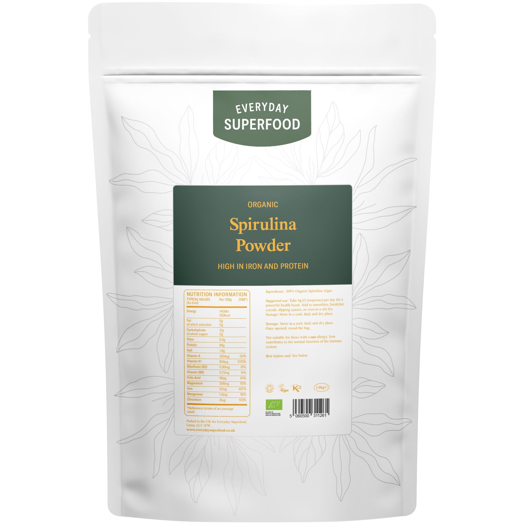 Everyday Superfood Organic Spirulina Powder 1.8kg | Heavy Metal Tested | Fine Grade Suitable for Smoothies and Juice