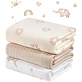 IBESTOPIA 3-Pack 100% Cotton Muslin Swaddle Blankets, Large 47 x 47 Inches — Breathable Soft Receiving Blankets for Newborns, Swaddling Wraps, Registry Gift (Sunny Elephant Theme)