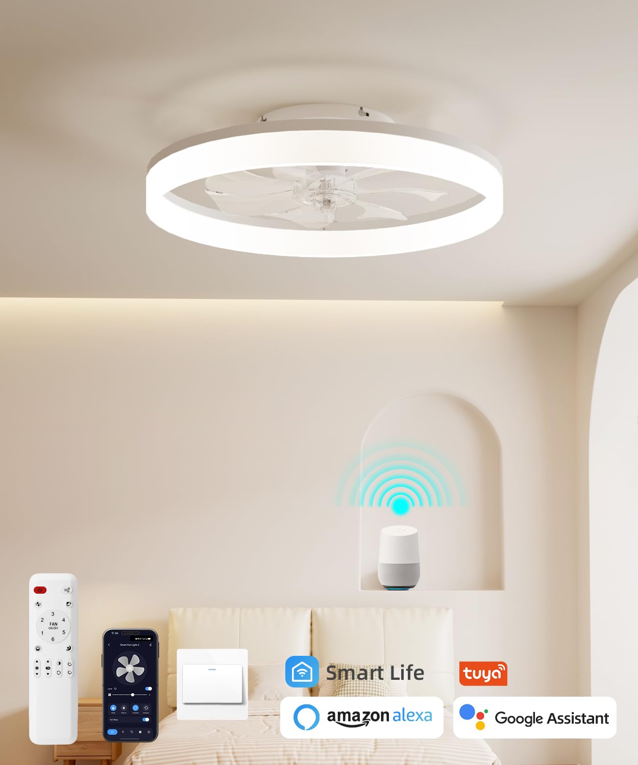 Photo 1 of AQUBT Screw Socket Fan Light with Remote Control 9 Inch, Adjustable Brightness, 3 Colour Temperatures for Bedroom, Small Living Room and Kitchen Socket Modern Recessed Mount Low Profile Ceiling Fan