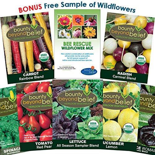 Organic Heirloom Vegetable Garden Seeds - 7 Seed Packets Plus 8 Gardening Guide eBooks, Wildflower Seeds - Non-GMO, No Fillers - Bulk Variety Pack of Tomato, Carrot, Lettuce, Radish, Spinach, Cucumber Organic Heirloom Vegetable Garden Seeds - 7 Seed Packets Plus 8 Gardening Guide eBooks, Wildflower Seeds - Non-GMO, No Fillers - Bulk Variety Pack of Tomato, Carrot, Lettuce, Radish, Spinach, Cucumber