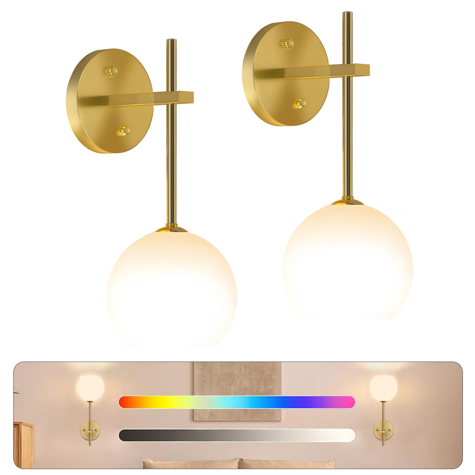 Photo 1 of JKEYES Battery Operated Wall Sconce Set of 2, Gold Cordless Wall Lights with Dimmable Detachable Rechargeable Magnetic Bulbs,12 RGB Colors Wall Lights for Bedroom Living Room Hallway