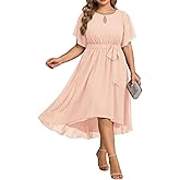 Talisea Plus Size Dresses Wedding Guest - Formal Cocktail Chiffon Keyhole Neck Short Sleeve High Low Dress Curvy Women