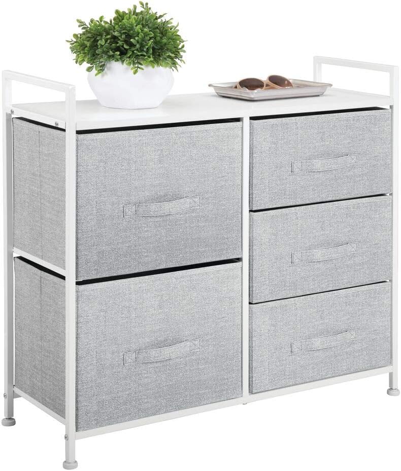 mDesign Wide Dresser Storage Tower - Sturdy Steel Frame, Wood Top, Easy Pull Fabric Bins - Organizer Unit for Bedroom, Hallway, Entryway, Closets - Textured Print, 5 Drawers - Gray/White: Home & Kitchen
