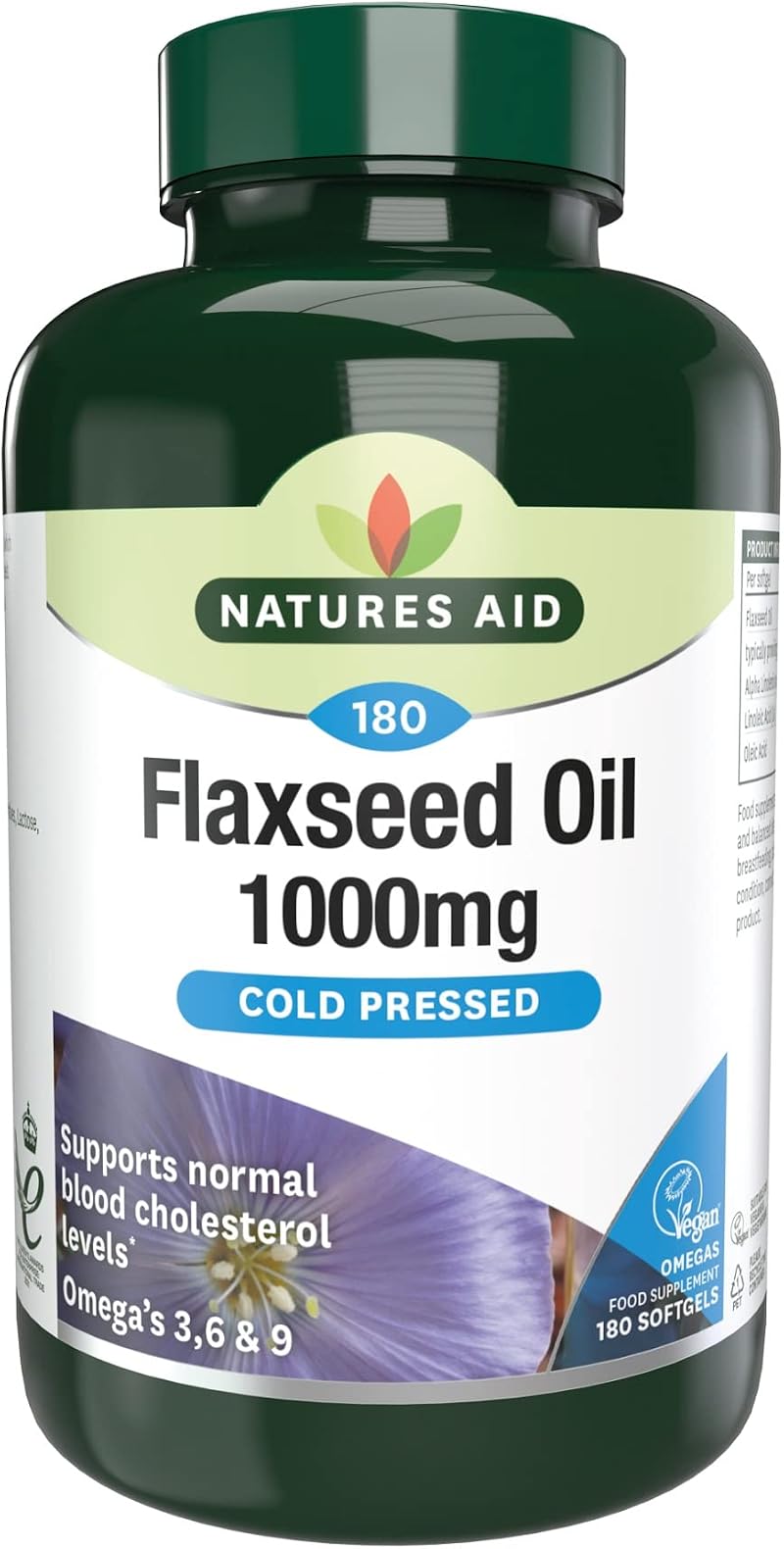 Natures Aid Flaxseed Oil 1000 mg Softgels – Vegan Omega 3 6 9 180