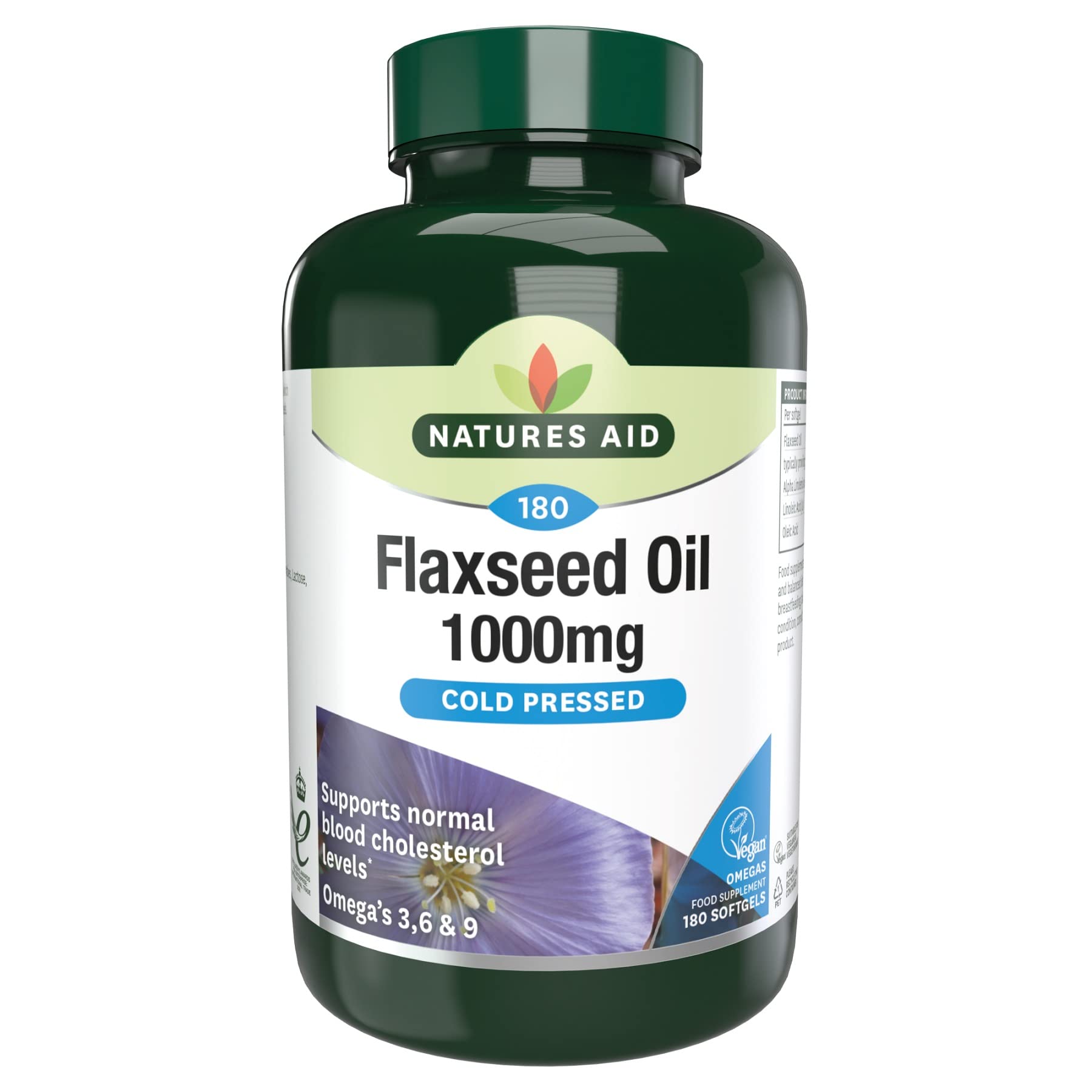 Natures Aid Flaxseed Oil 1000mg – High Strength Omega-3 Softgels – Supports Heart & Brain Function – Vegan, Non-GMO, Gluten-Free – Cold Pressed Essential Fatty Acids – 180 Capsules