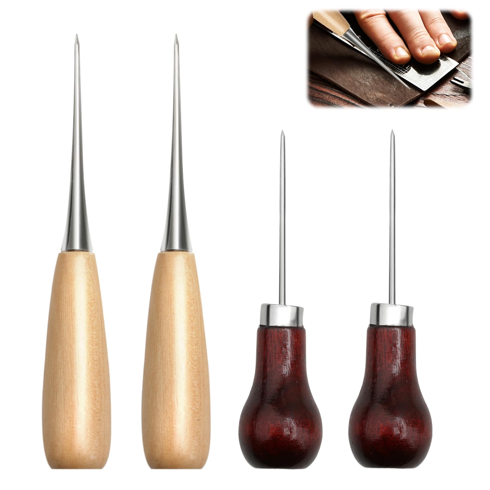4PCS Bradawl Tool, 2 Types Wooden Awl Tool, Gourd Shape Awl Tool,Brown Beige Sewing Awl for Wood,Reusable Sewing Awl Tool for Leather Punching Sewing Paper Crafts or DIY Manual Needle Punching