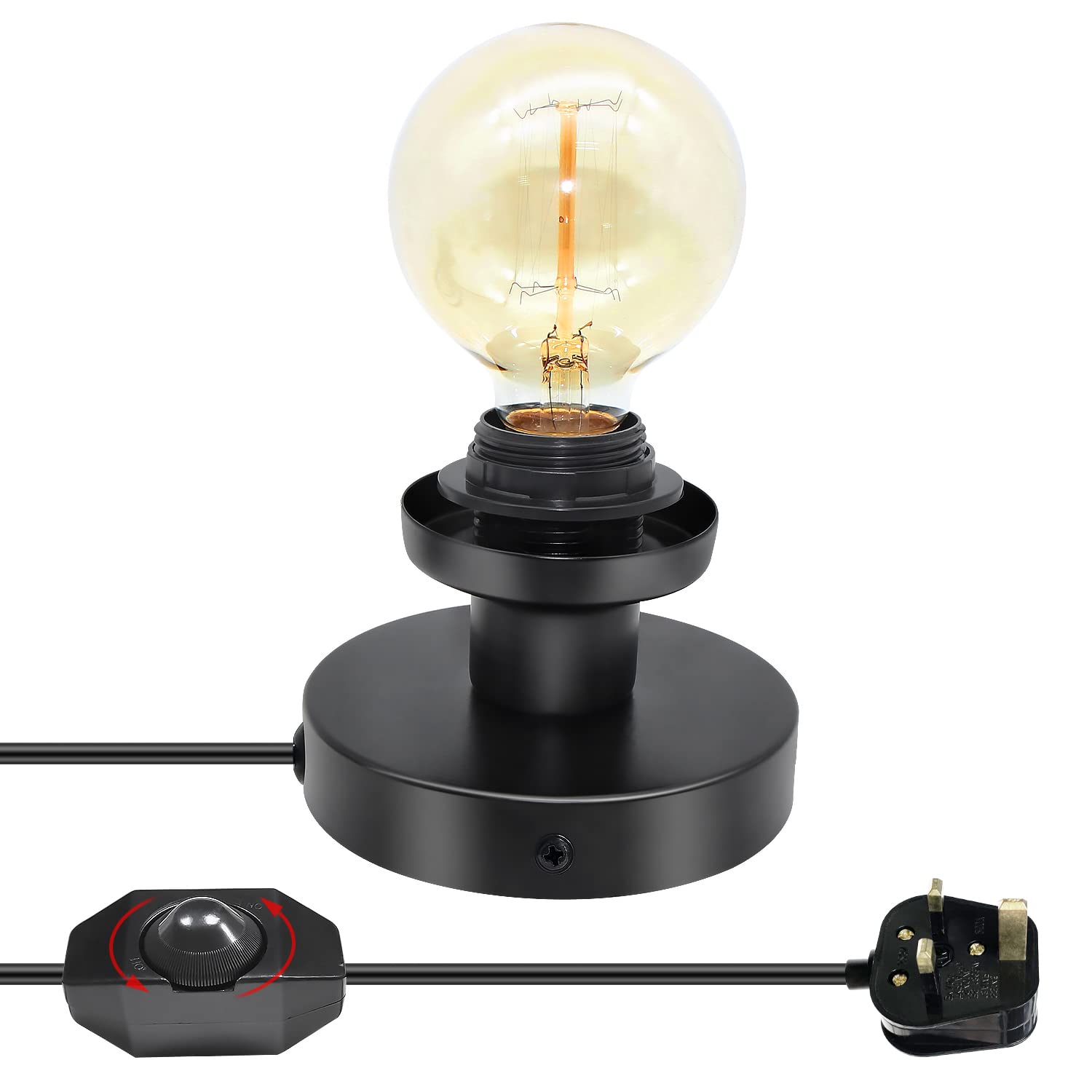 Industrial Table Lamp Base,Black Polished Metal Desk Lamp Base,4.7IN E26 E27 Lamp Holder,Retro Creative Night Lights,Edison Bedside Table Lamps with 7.2FT Lamp Cord Dimmer Switch,for Desk, Wall Light