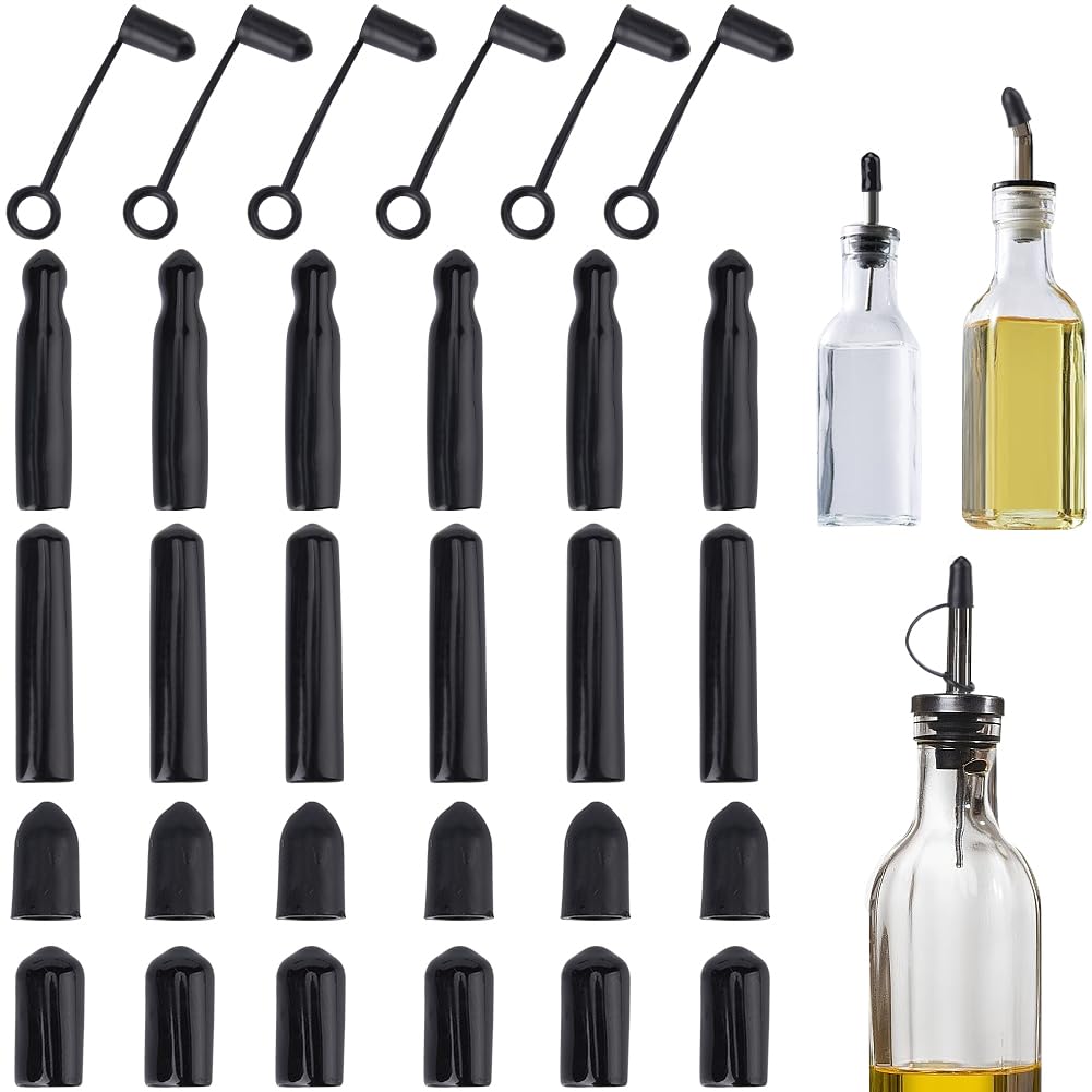 CRASPIRE 5 Style Pourers Spout Caps Anti-Drop Dust Caps Hooded 30Pcs Black Rubber Tapered Pourer Covers Pour Spout Sealed Cap Stopper for Olive Oil Liquor Bottle Vinegar Bar Bartender Accessories