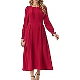 Seta T Women's Elegant Frilled Crewneck Midi Dress Long Sleeve Pleated A-Line Flowy Casual Dresses with Pockets, Medium