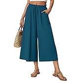 Anyhold Women's Capri Palazzo Pants High Waisted Wide Leg Adjustable Drawstring Loose Fit Summer Beach Pants Pockets