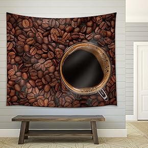 Cup of Coffee on Beans, Background - Fabric Wall Tapestry Home Decor - 51x60 inches