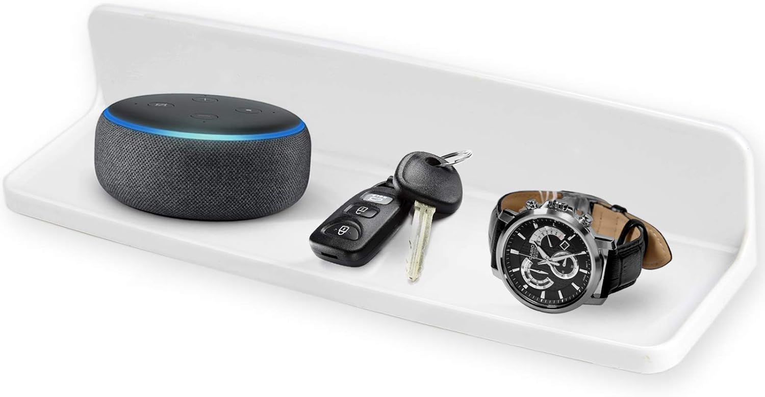 Amazon Com Wall Mounted Small Floating Shelf Stick On Wall Shelves For Bedroom Kitchen Bathroom Bedside Shelves To Display Speakers Photo Frame Watch Keys Cosmetics Damage Free Plastic White 1pcs Set Kitchen Dining